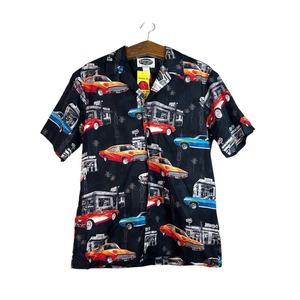 Hawaiian Island Muscle Car Hawaiian Shirt Button Up Men Sz Large Made In USA NWT